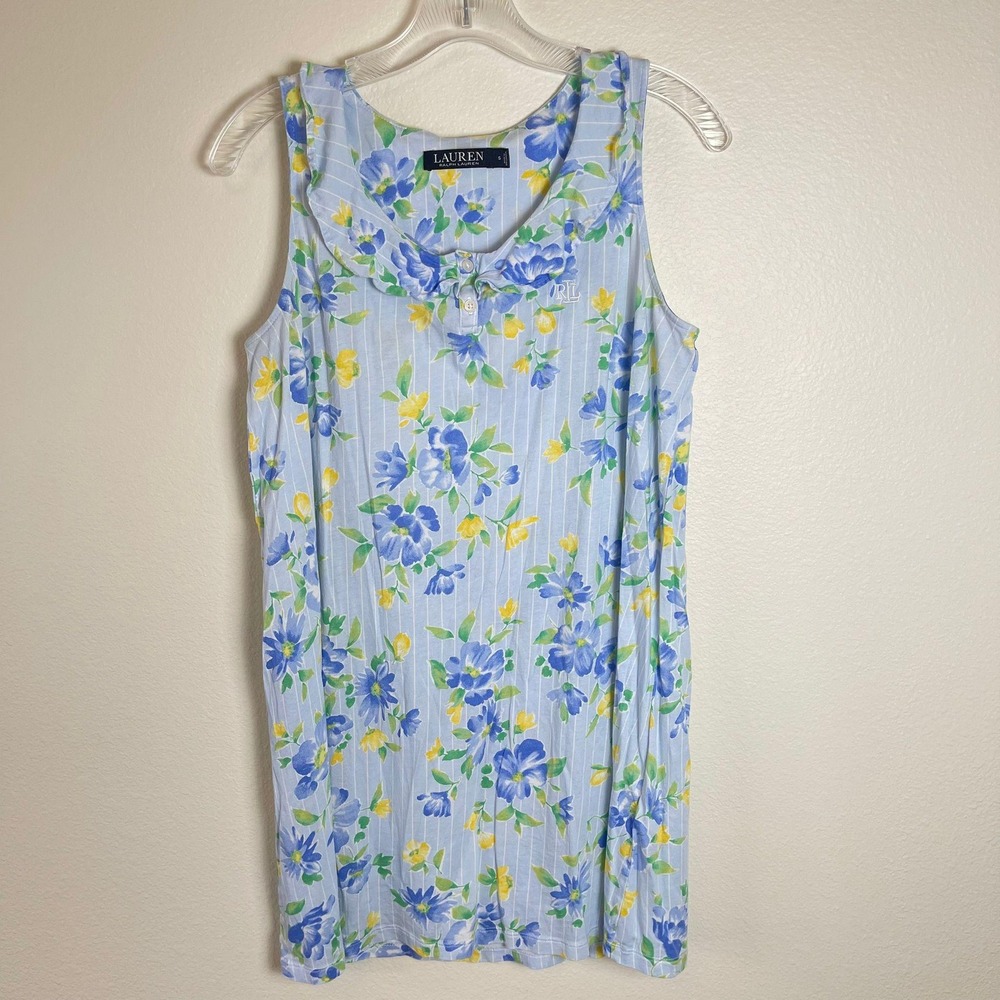Lauren Ralph Lauren Womens Blue Floral Striped Sleeveless Nightgown S‎